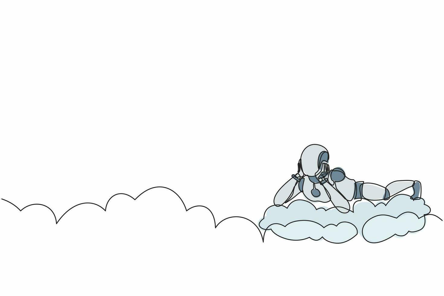 un seul robot de dessin en ligne continue allongé sur les nuages et rêvant ou pensant quelque chose. intelligence artificielle robotique. industrie de la technologie électronique. une ligne dessiner illustration vectorielle de conception vecteur