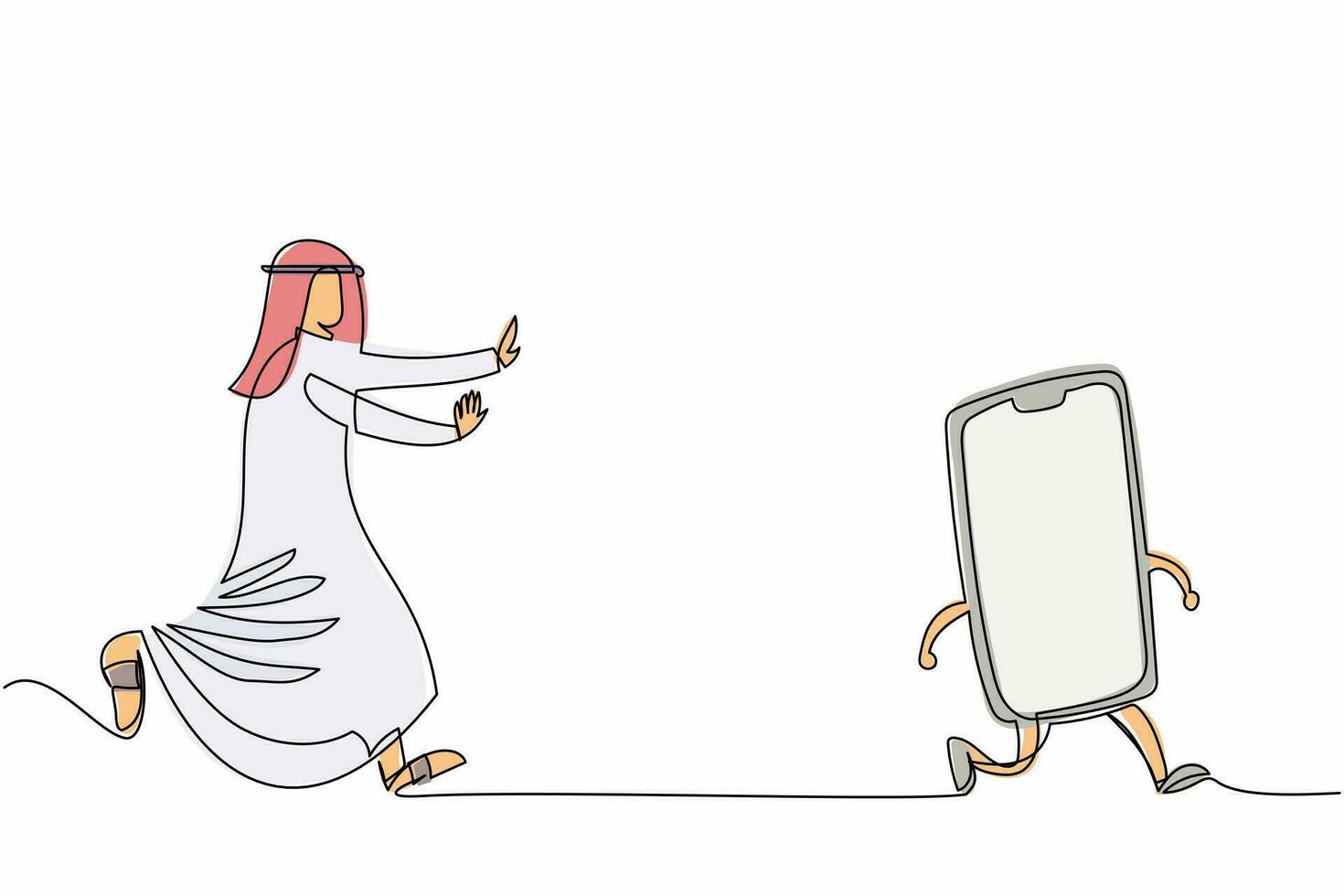 un seul dessin au trait un homme d'affaires arabe court à la poursuite d'un smartphone. technologie de communication à l'ère numérique. envoyer un message, un e-mail, un chat, un texte, une image, une vidéo. ligne continue dessiner illustration vectorielle de conception vecteur