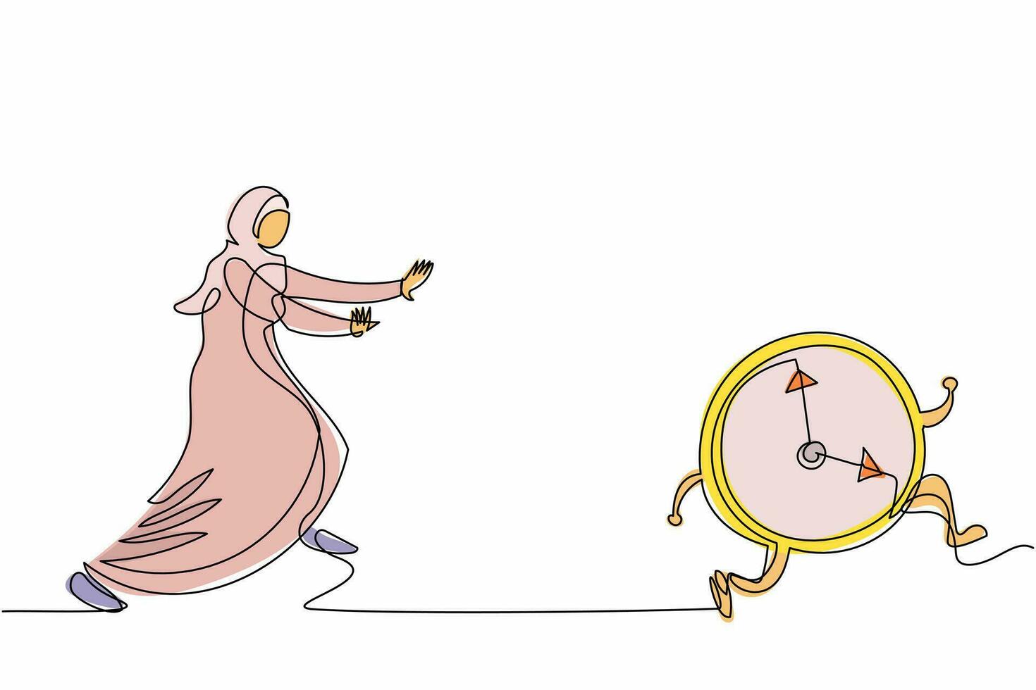 dessin au trait continu une femme d'affaires arabe court à la poursuite de l'heure de l'horloge. femme gestionnaire en retard ou dans les délais de travail, gestion du temps d'affaires, heure de pointe. illustration vectorielle de dessin à une seule ligne vecteur