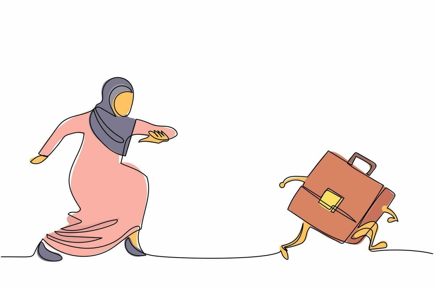 une seule ligne dessinant une femme d'affaires arabe à la poursuite d'une mallette. manager essayant de réussir au bureau. meilleur travail de performance pour le cheminement de carrière de croissance. illustration vectorielle graphique de conception de dessin en ligne continue vecteur