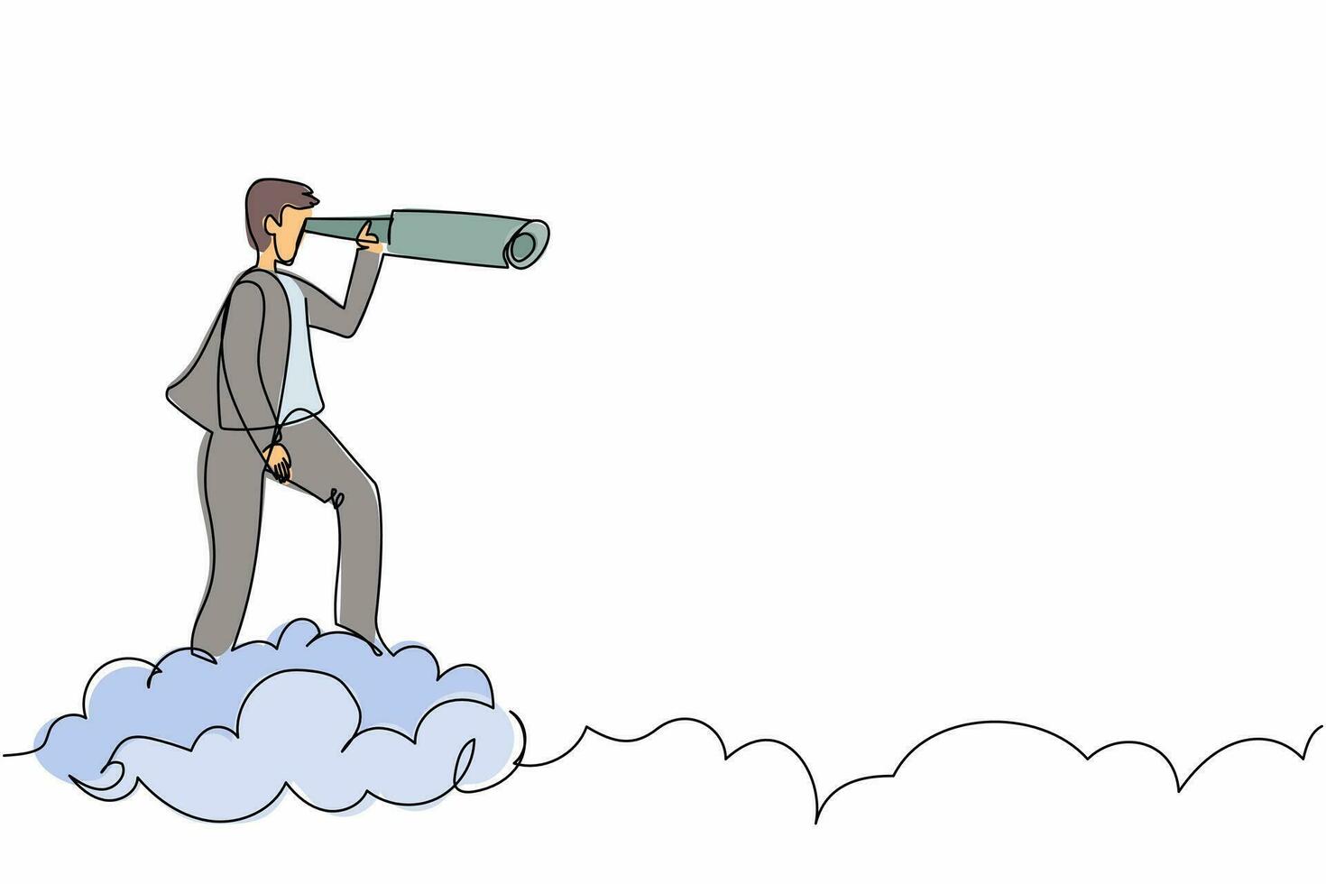 dessin continu d'une ligne homme d'affaires chevauchant un nuage tenant un télescope ou des jumelles pour rechercher un visionnaire d'entreprise. vision du leadership pour voir la stratégie de l'entreprise. illustration vectorielle de conception à une seule ligne vecteur