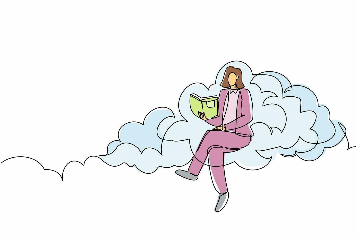 une seule ligne dessinant une femme d'affaires intelligente assise sur un nuage et lisant un livre. étudier pour l'enseignement supérieur. poursuite de la croissance de carrière au bureau. illustration vectorielle graphique de conception de ligne continue vecteur