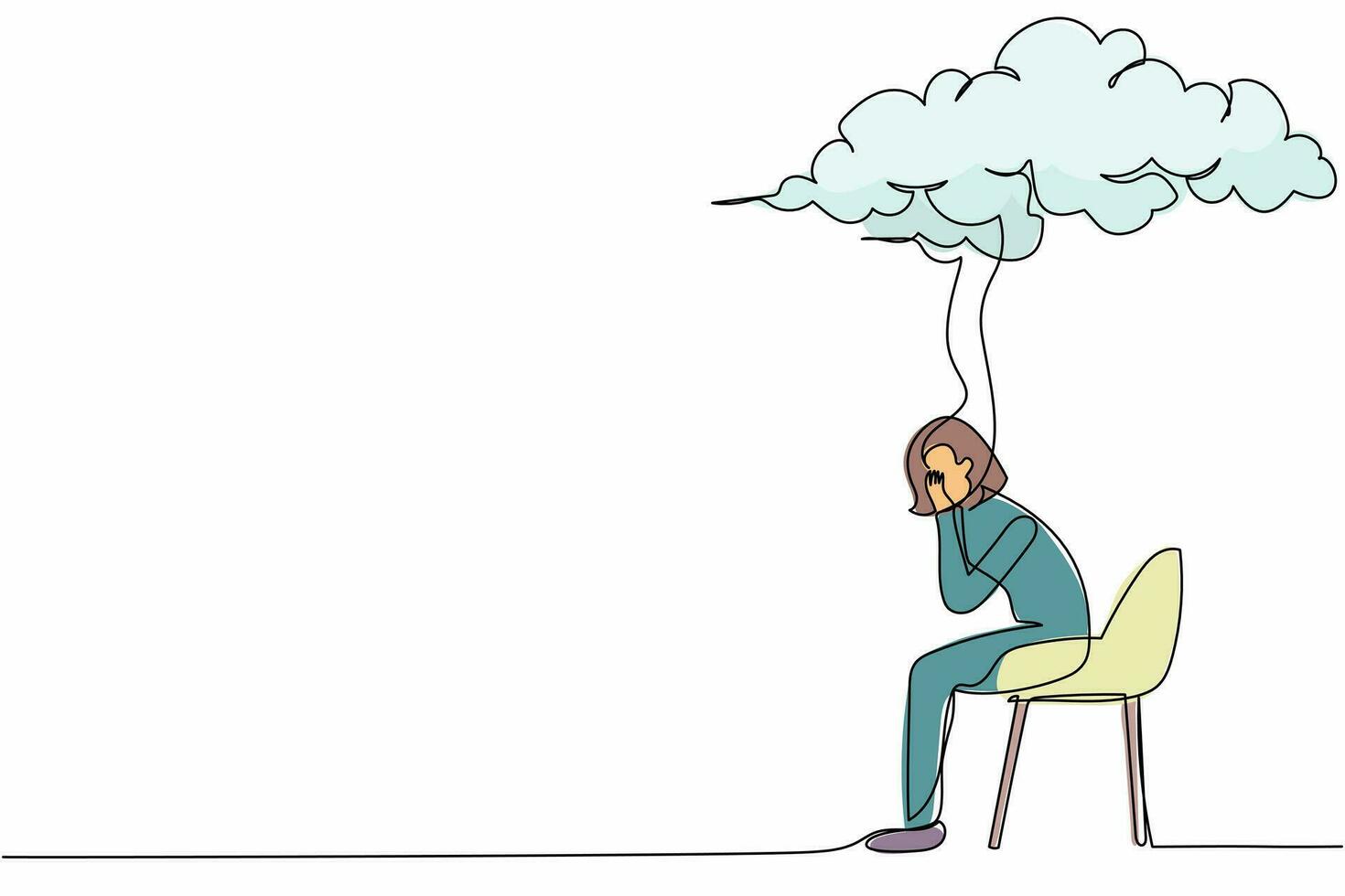 une seule ligne continue dessinant une femme d'affaires triste assise sur une chaise sous un nuage de pluie. femme inquiète pensant à un projet d'entreprise. effondrement de l'économie. une ligne dessiner illustration vectorielle de conception graphique vecteur