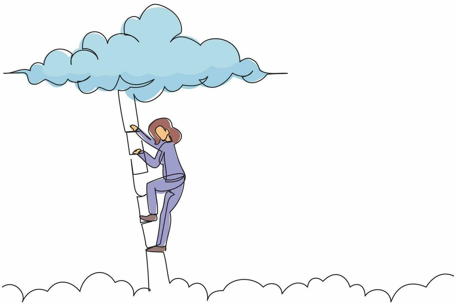 une seule ligne dessinant une femme d'affaires prospère grimpant sur l'échelle de carrière vers le cloud. développement croissant des affaires. promotion de la croissance professionnelle. illustration vectorielle graphique de conception de dessin en ligne continue vecteur