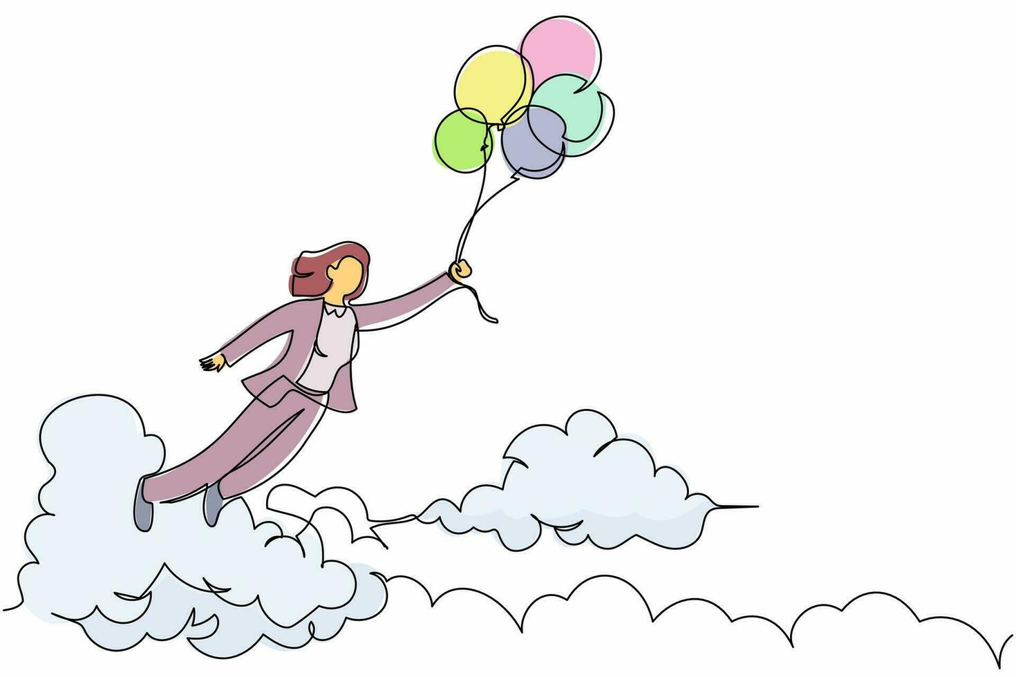 une ligne continue dessinant une femme d'affaires riche et heureuse volant avec de l'air en ballon dans le ciel. employé de bureau atteindre l'indépendance financière. illustration graphique vectorielle de conception à une seule ligne illustration vecteur