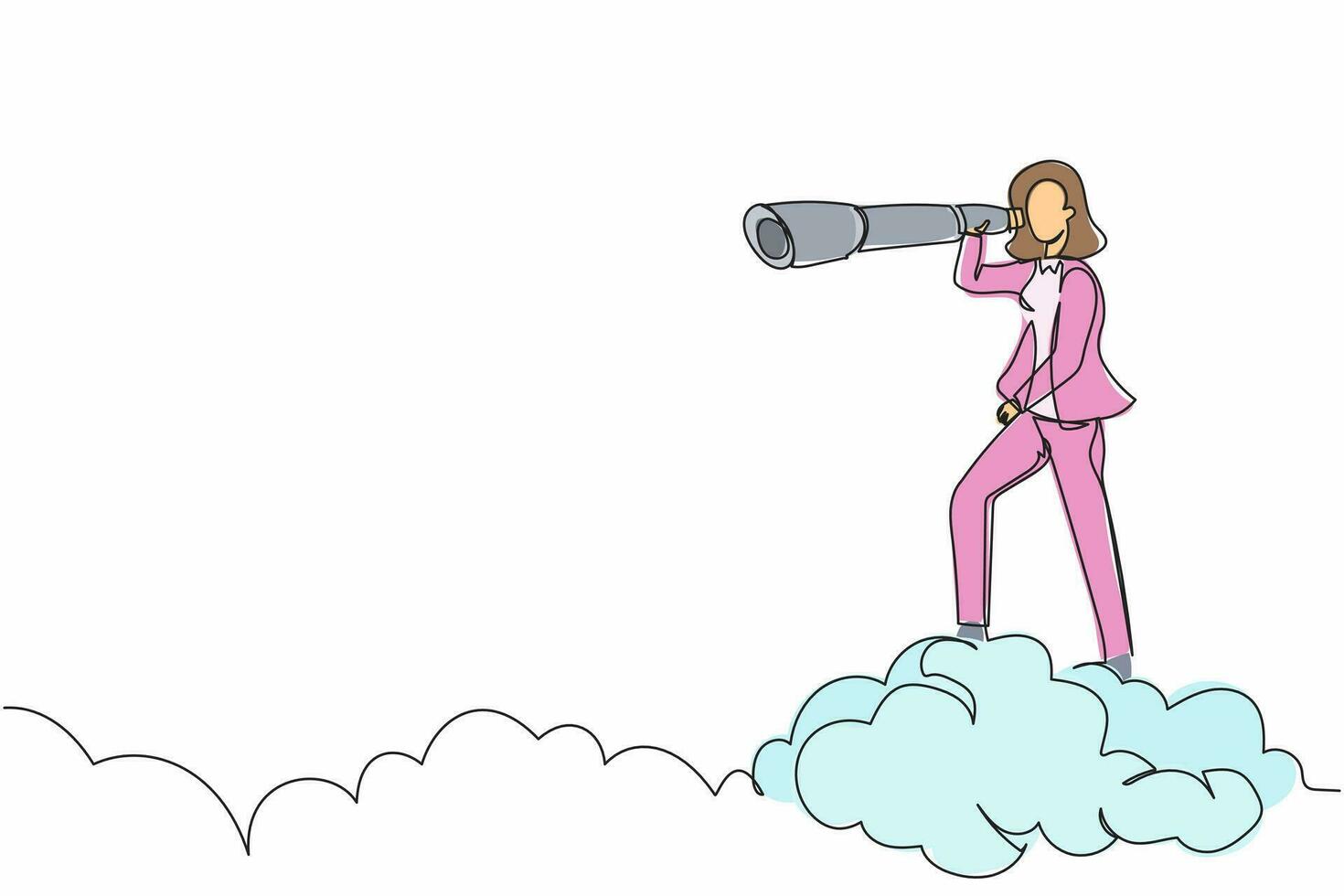 une seule ligne dessinant une femme d'affaires visionnaire sur un nuage supérieur tenant des jumelles pour rechercher une idée d'entreprise. vision du leadership pour voir la stratégie de l'entreprise. ligne continue dessiner illustration vectorielle de conception vecteur