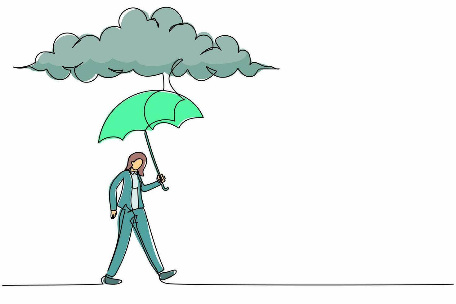 dessin au trait continu femme d'affaires protectrice marchant avec un porte-parapluie sous un nuage de pluie. dépression, passant par temps de pluie. femme trempée. illustration graphique vectorielle de conception à une seule ligne vecteur