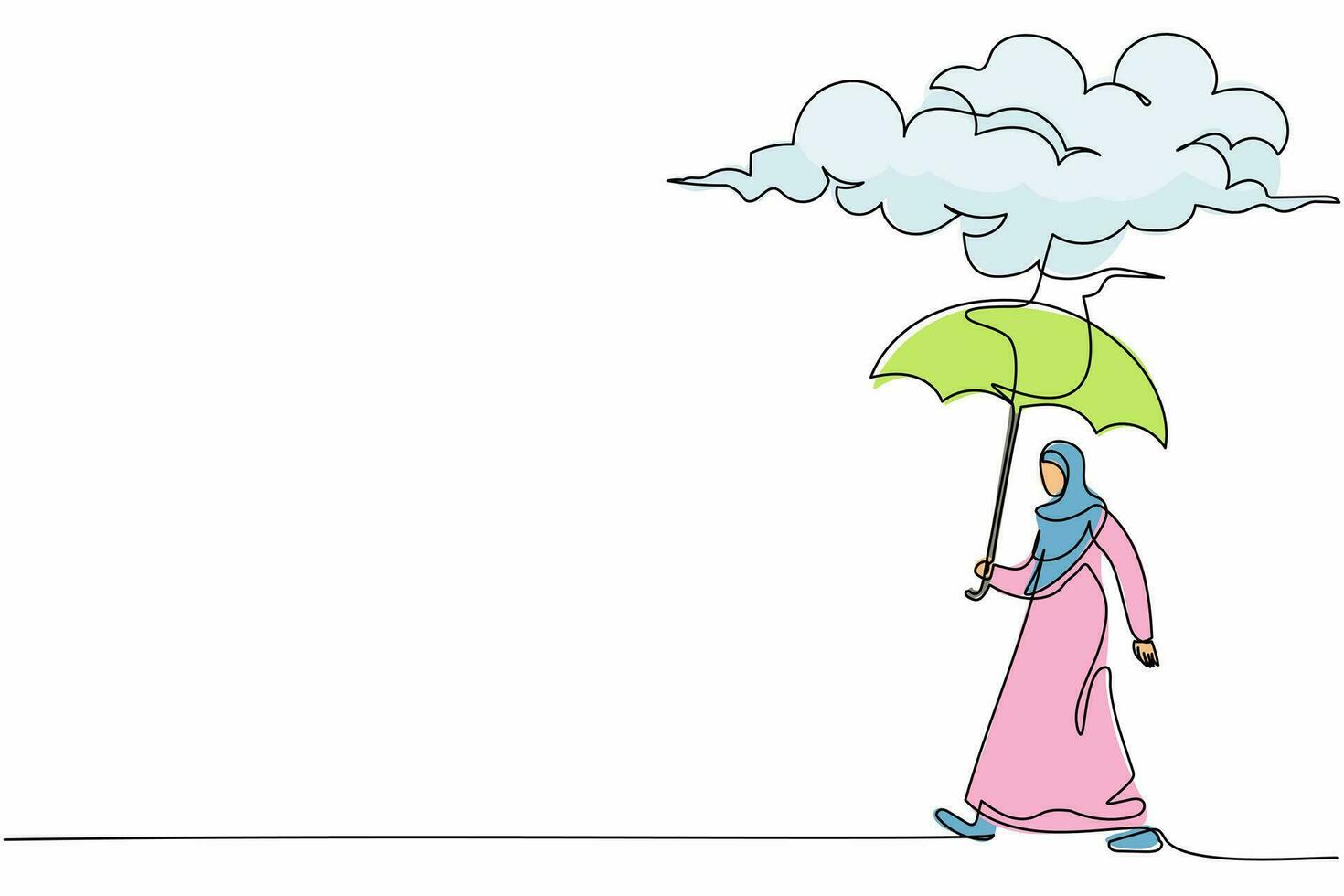 une ligne continue dessinant la tristesse d'une femme d'affaires arabe marchant avec un porte-parapluie sous un nuage de pluie. dépression, cri, passant par temps de pluie. illustration graphique vectorielle de conception de dessin à une seule ligne vecteur