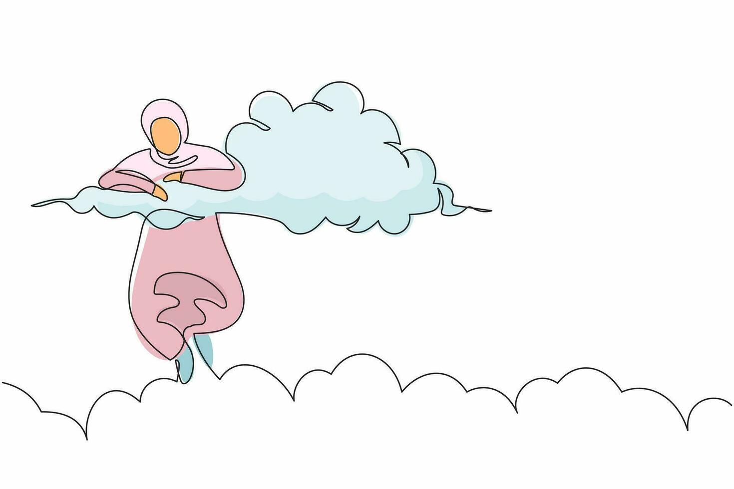 une seule ligne dessinant une femme d'affaires arabe accrochée dans les nuages. à la recherche d'opportunités d'affaires, de liberté financière, de planification d'un nouveau projet de bureau. illustration vectorielle graphique de conception de dessin en ligne continue vecteur