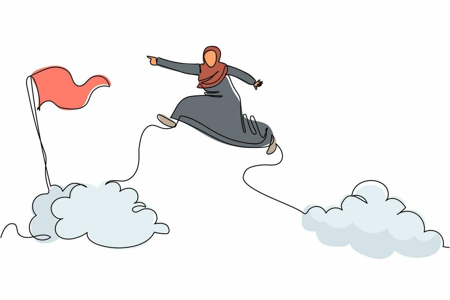 une seule ligne continue dessinant une femme d'affaires arabe attrayante sauter et sauter par-dessus les nuages pour atteindre le drapeau cible de l'entreprise réussie. contester le cheminement de carrière. une ligne dessiner illustration vectorielle de conception graphique vecteur