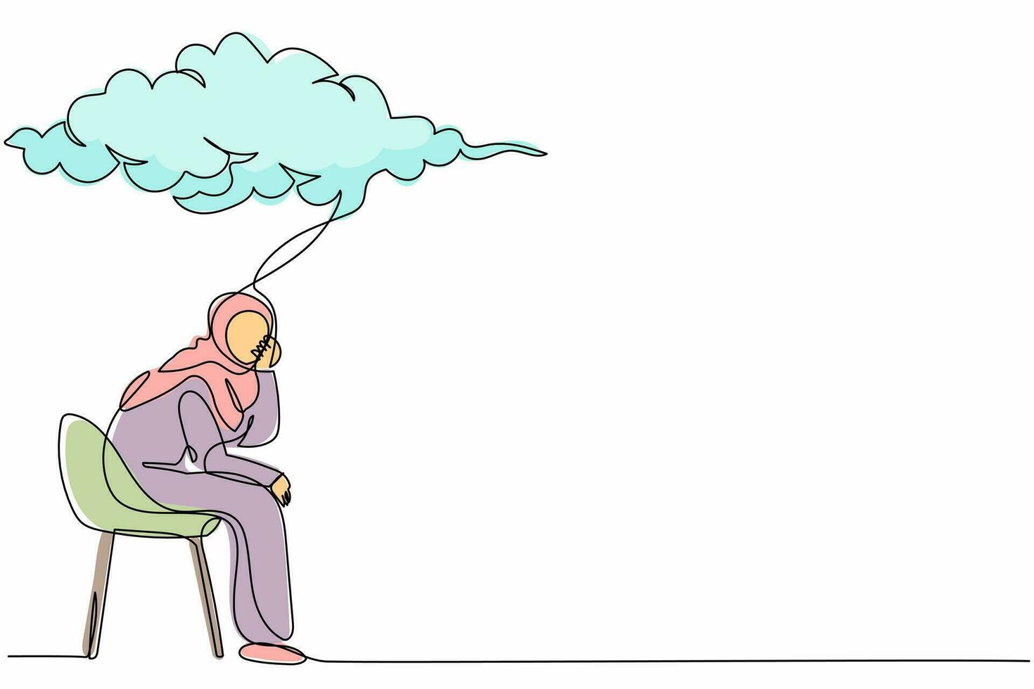 une seule ligne dessinant une femme d'affaires arabe assise sur une chaise sous un nuage de pluie. femme inquiète pensant à la crise économique, entreprise en faillite. illustration vectorielle graphique de conception de dessin en ligne continue vecteur