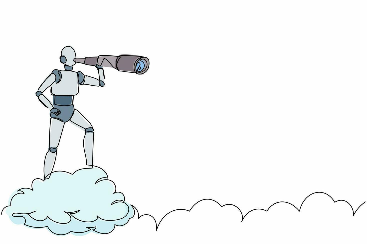 robot de dessin d'une seule ligne sur un nuage tenant des jumelles pour rechercher l'innovation commerciale. développement technologique futur. intelligence artificielle. illustration vectorielle graphique de conception de ligne continue vecteur