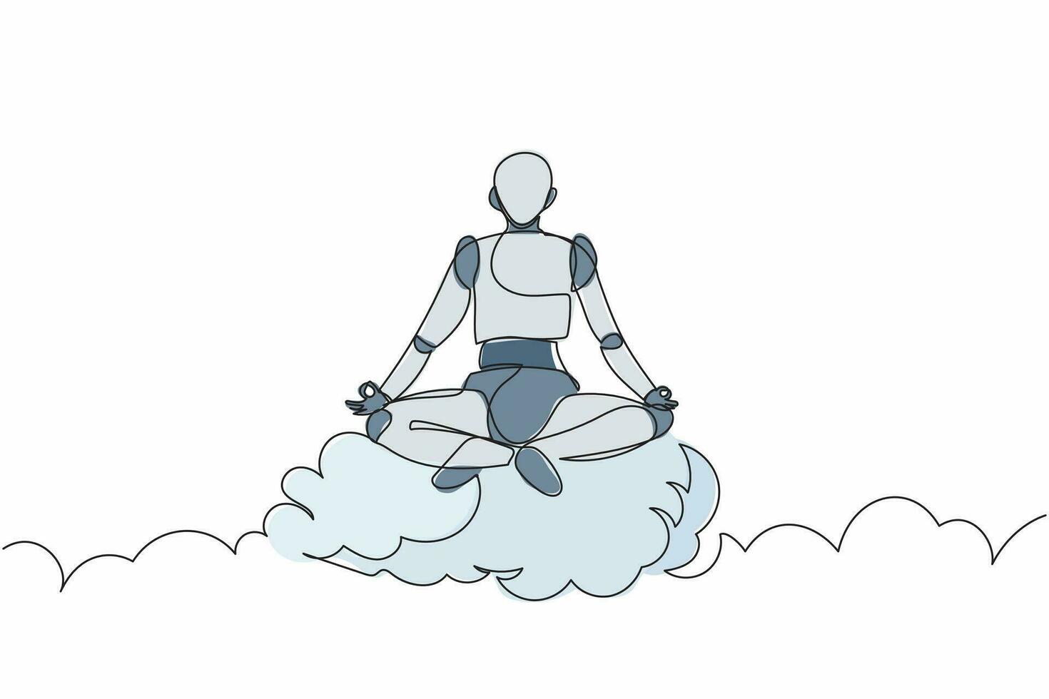 un seul robot de dessin en ligne continue médite et se repose en position de yoga sur les nuages. intelligence artificielle robotique moderne. industrie de la technologie électronique. une ligne dessiner illustration vectorielle de conception vecteur
