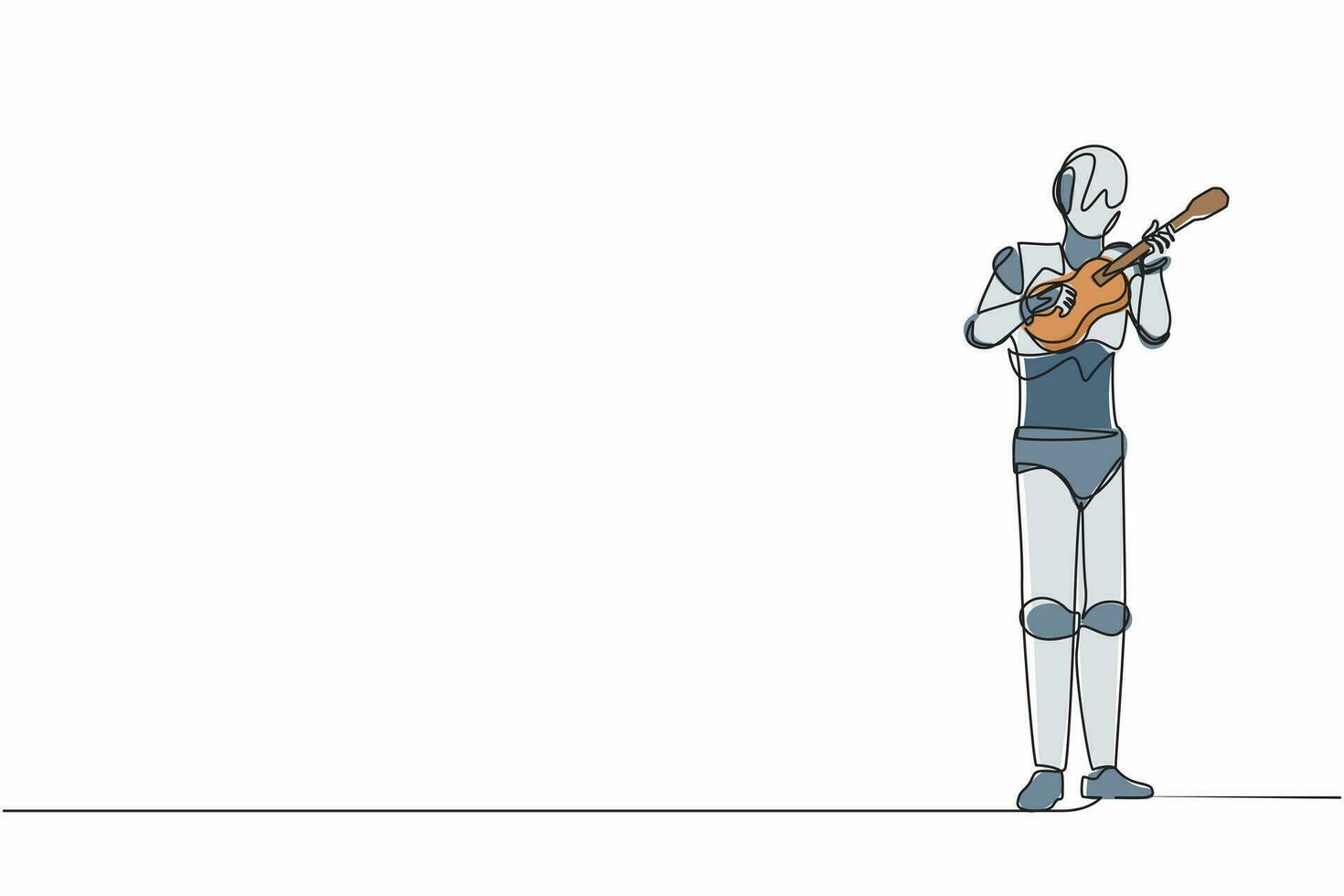 un seul robot de dessin en ligne continue jouant du ukulélé ou de la petite guitare et chantant en s'amusant. intelligence artificielle robotique. industrie de la technologie électronique. une ligne dessiner illustration vectorielle de conception vecteur