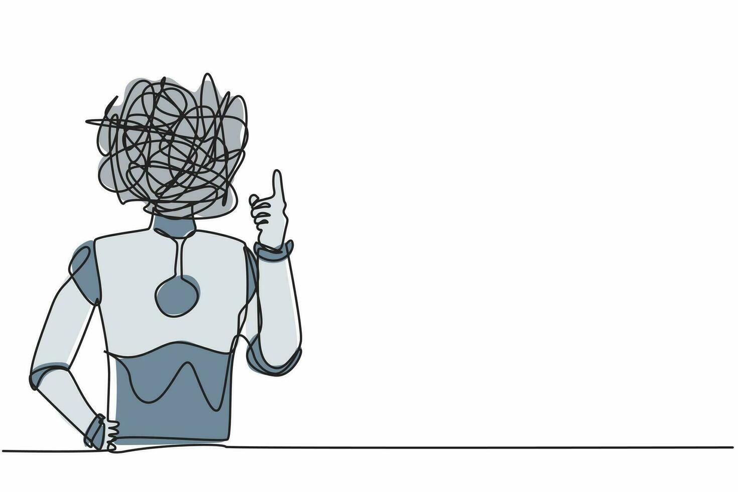 robot de dessin continu à une ligne avec des gribouillis ronds au lieu de la tête, montrant l'index, représentant l'idée, la solution. organisme robot humanoïde. illustration graphique vectorielle de conception de dessin à une seule ligne vecteur
