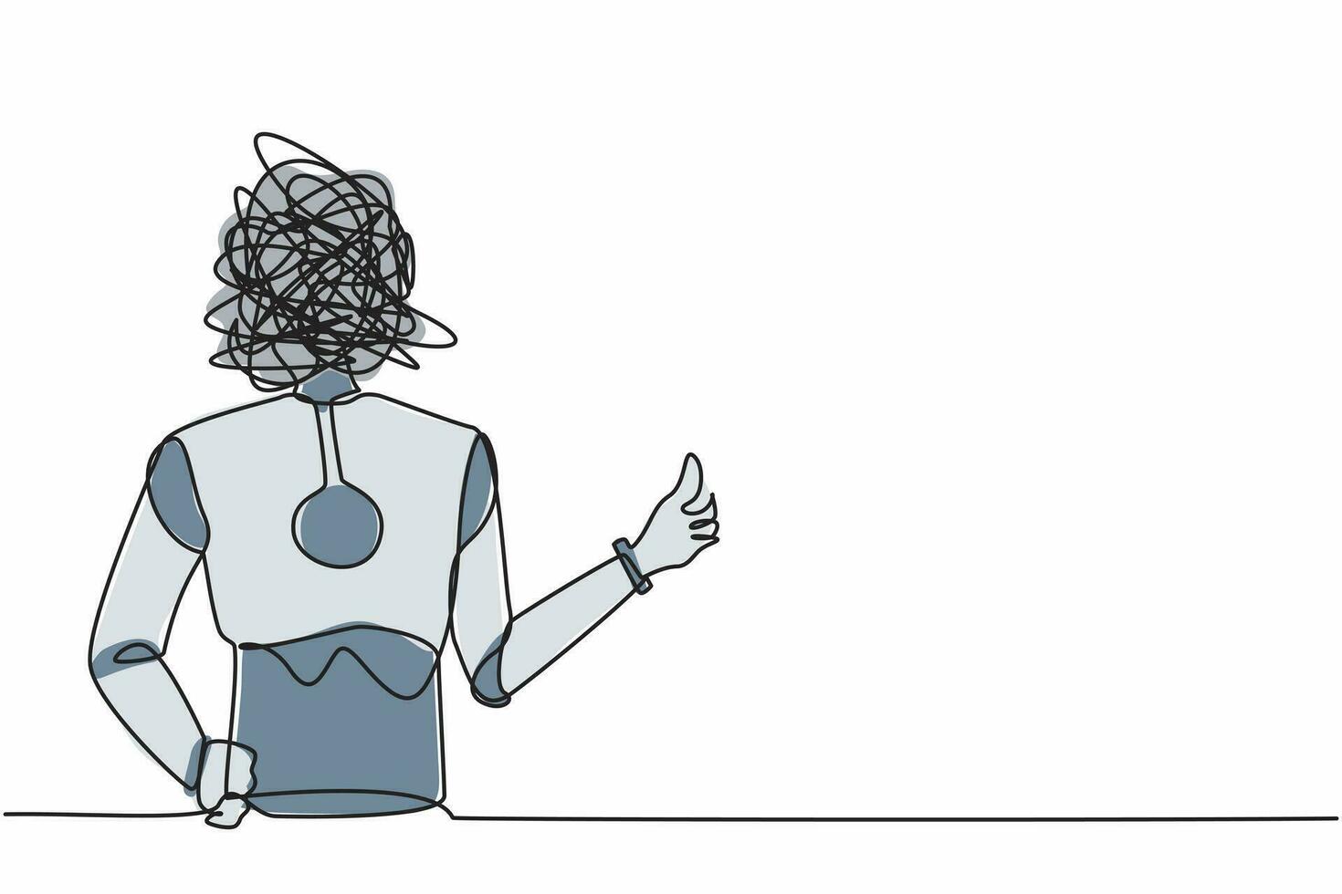 robot de dessin à une seule ligne avec des gribouillis ronds au lieu de la tête, montrant le signe du pouce levé. traiter, comme, accepter. organisme cybernétique robot humanoïde. illustration graphique vectorielle de conception de ligne continue vecteur