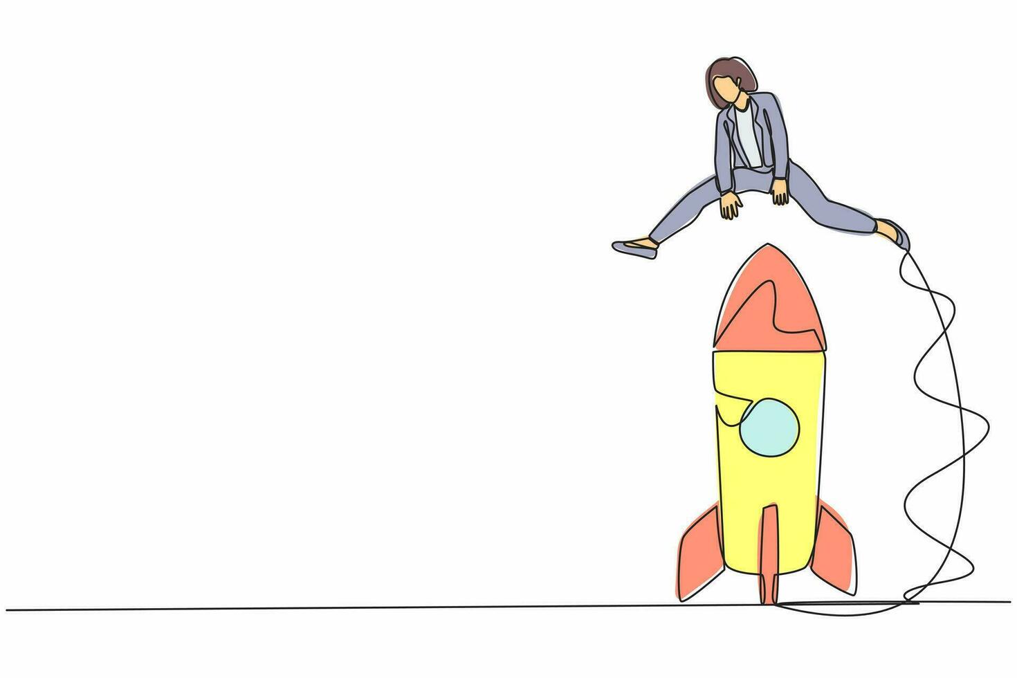 une seule ligne continue dessinant une femme d'affaires sautant par-dessus une grosse fusée. fusée spatiale prête à voler. nouveau projet d'entreprise. préparation réussie du lancement de la startup. une ligne dessiner illustration vectorielle de conception vecteur