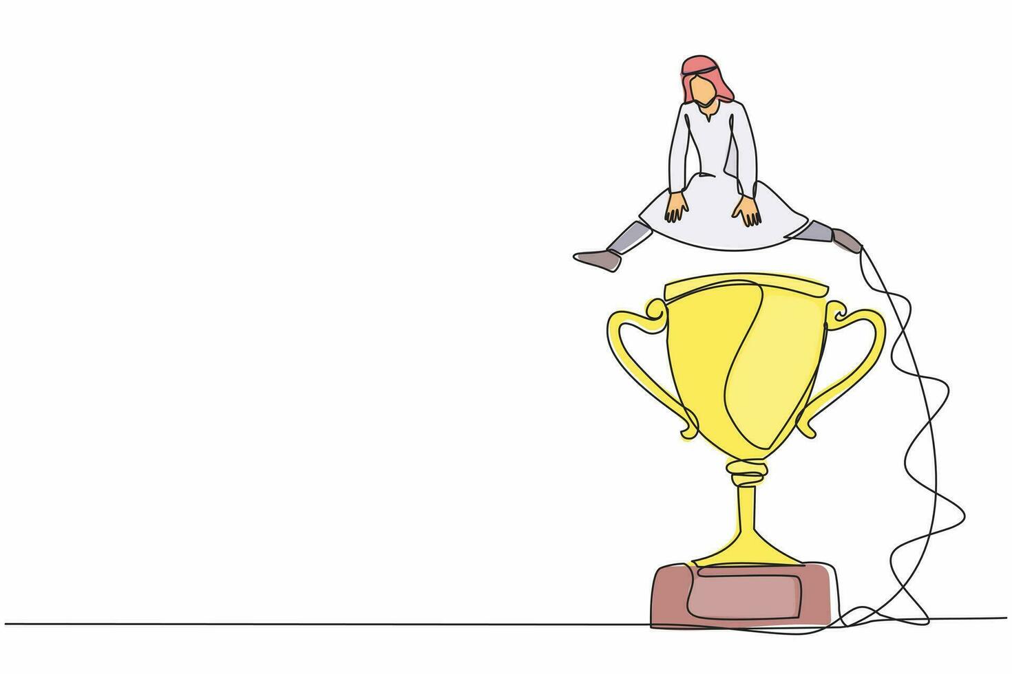 simple ligne continue dessinant un homme d'affaires arabe sautant par-dessus un grand trophée. symbolisation du défi commercial à conquérir. succès ou victoire, prix gagnant. une ligne dessiner illustration vectorielle de conception vecteur
