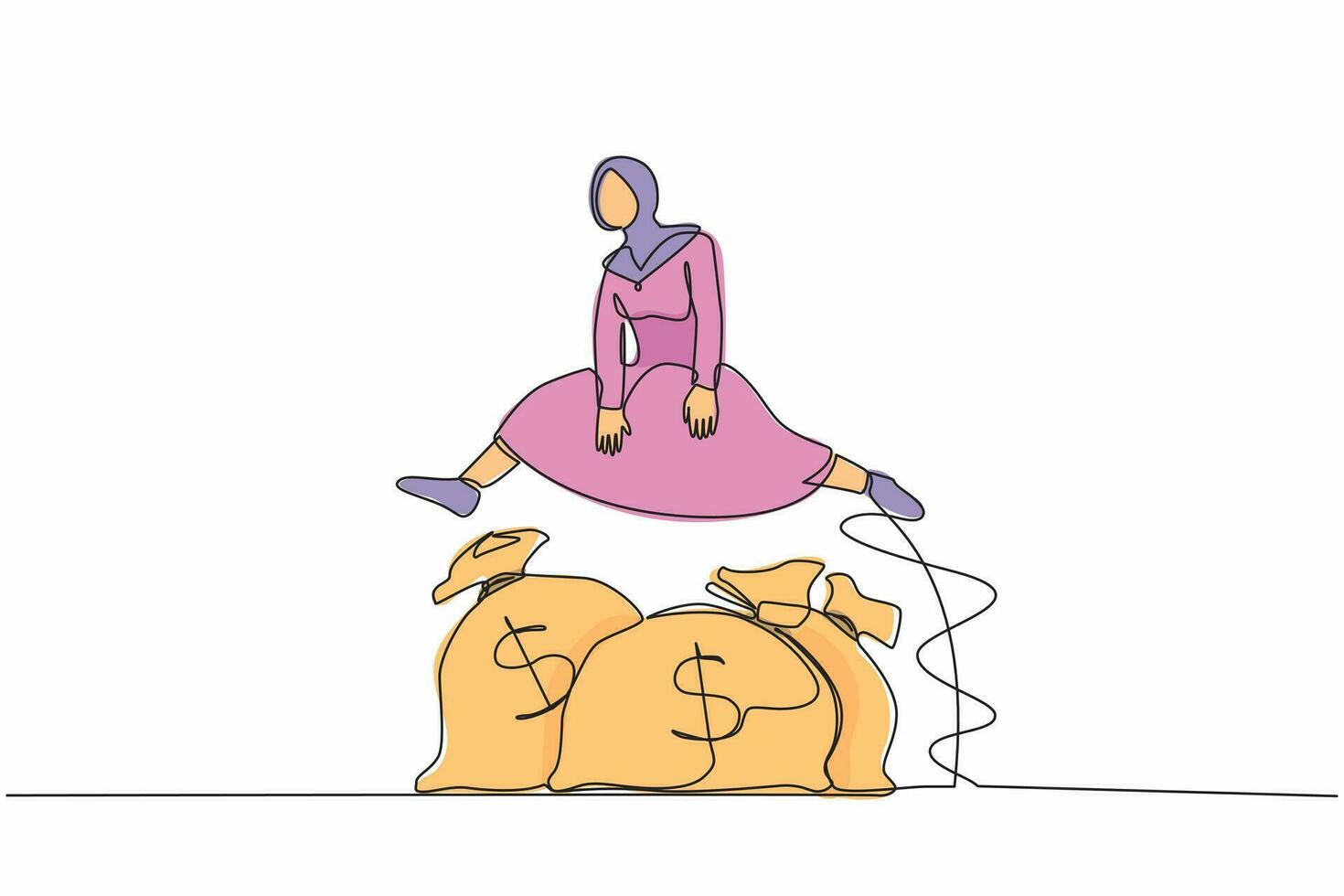 dessin au trait continu une femme d'affaires arabe saute par-dessus le sac d'argent. prêt commercial ou financement en capital, aide financière en cas de crise. incitation à la création d'entreprise. illustration vectorielle de dessin à une seule ligne vecteur