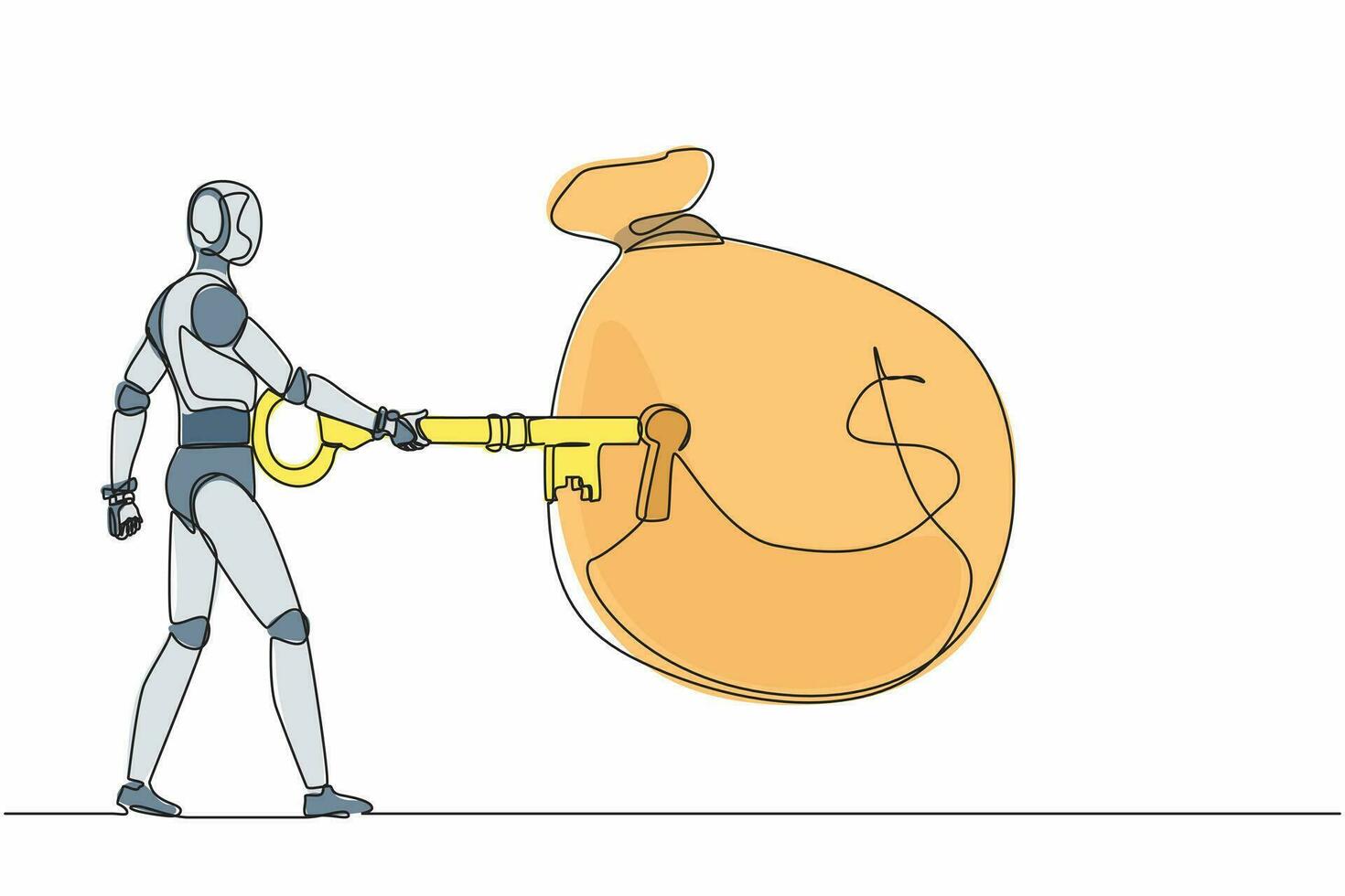 un robot de dessin continu à une ligne a mis une grosse clé dans un sac d'argent. succès financier clé, refuge pour l'investissement. organisme cybernétique robot humanoïde. illustration graphique vectorielle de conception de dessin à une seule ligne vecteur