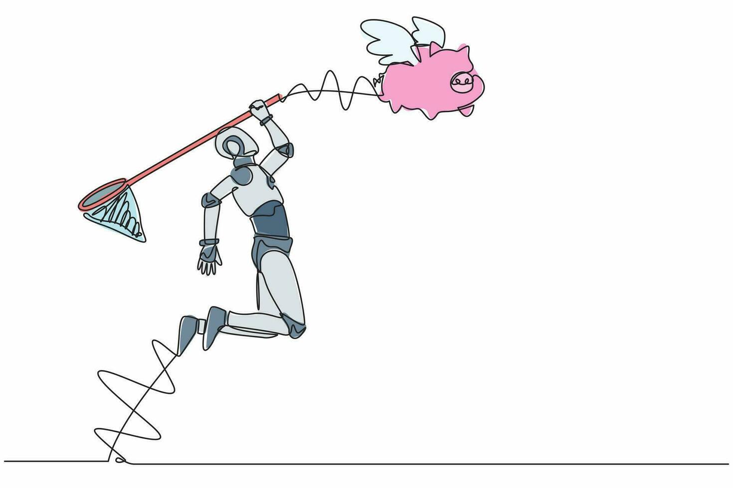 un seul robot de dessin à une ligne essaie d'attraper une tirelire volante avec un filet à papillons. perdre de l'argent en économisant pour l'investissement technologique. développement de la technologie. illustration vectorielle graphique de conception de ligne continue vecteur