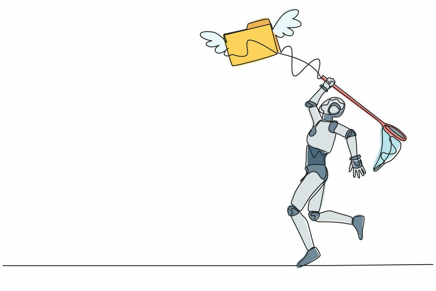 un robot de dessin continu à une ligne essaie d'attraper un dossier volant avec un filet à papillons. analyse de document technique, archive de fichiers. organisme cybernétique robot humanoïde. illustration vectorielle de dessin à une seule ligne vecteur