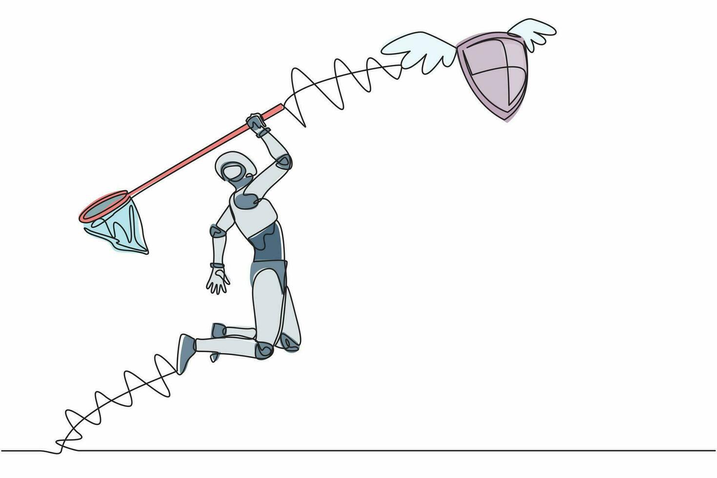 un robot de dessin continu à une ligne essaie d'attraper un bouclier volant avec un filet à papillons. sécurité coûteuse pour la protection de la technologie. organisme cybernétique humanoïde. illustration vectorielle de conception graphique à une seule ligne vecteur