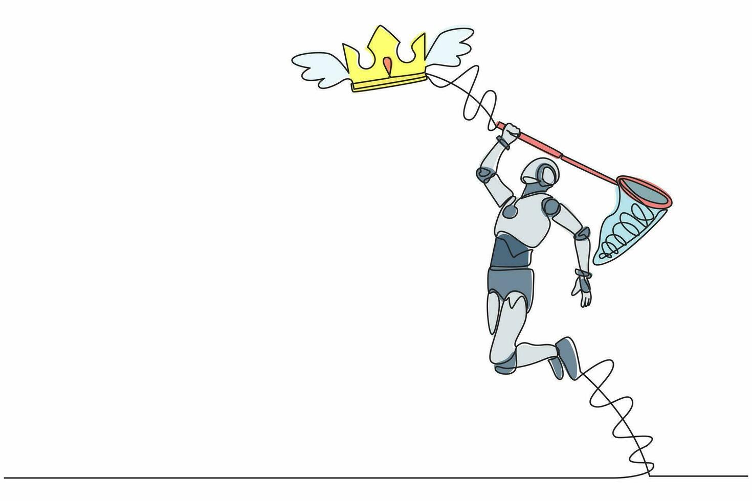 un seul robot de dessin en ligne continue essaie d'attraper une couronne volante avec un filet à papillons. royal, luxe, vip, signe du royaume robotique. intelligence artificielle des robots. une ligne dessiner illustration vectorielle de conception vecteur