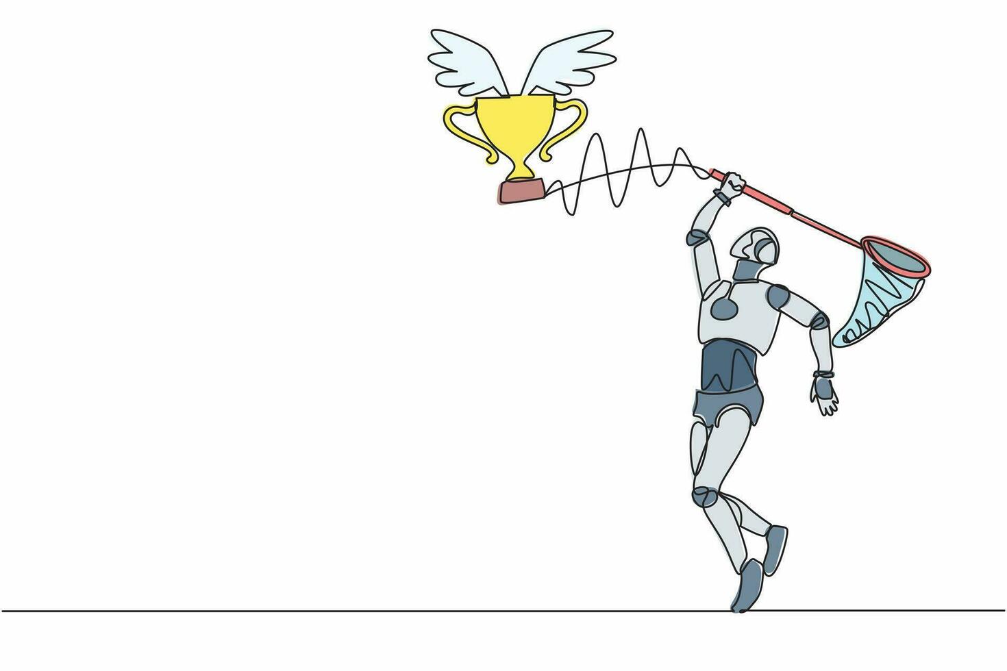 un robot de dessin continu à une ligne essaie d'attraper un trophée volant avec un filet à papillons. jeu de technologie sportive. trophées de victoire, récompenses. organisme cybernétique humanoïde. illustration vectorielle de dessin à une seule ligne vecteur