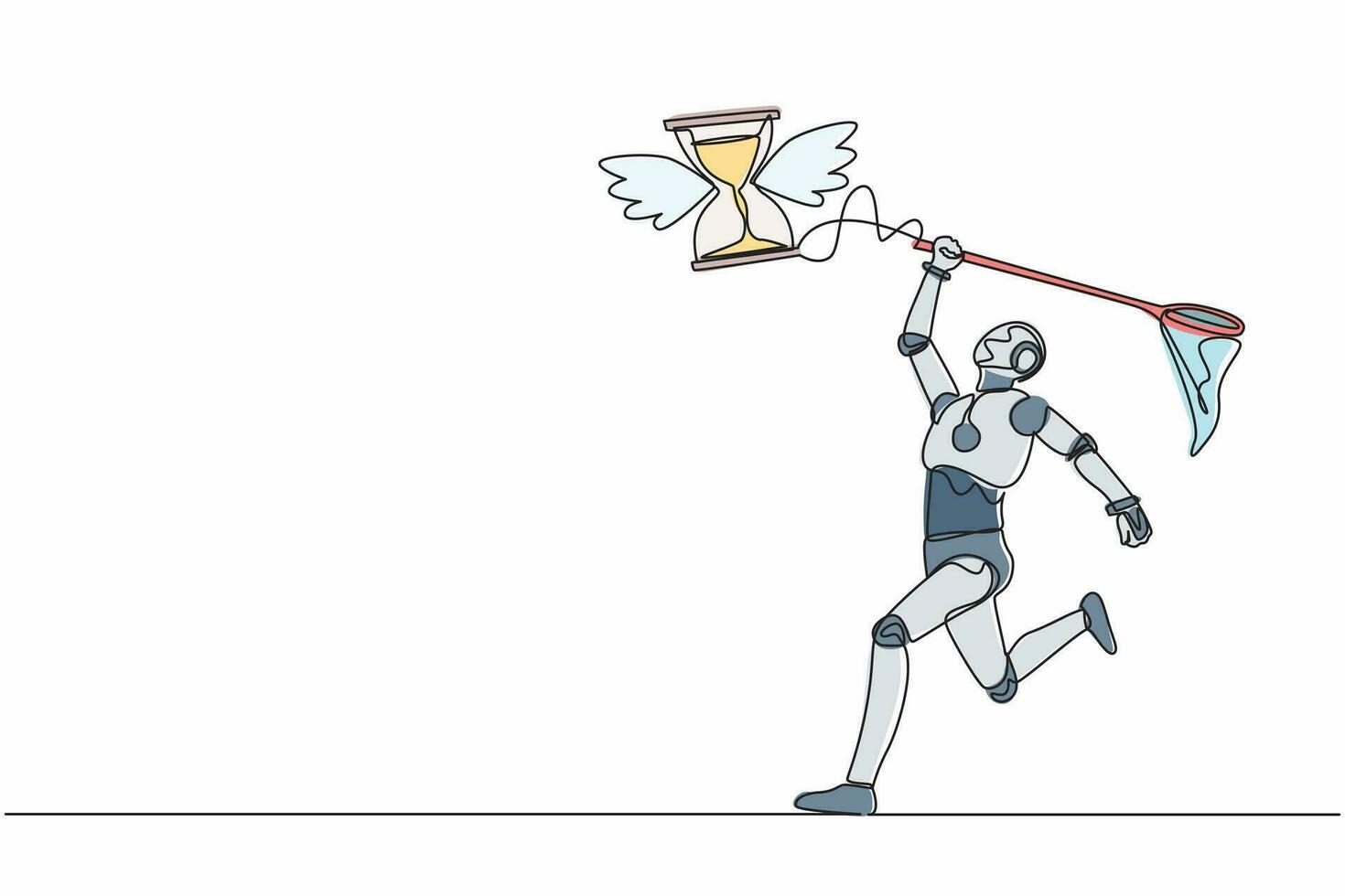 un robot de dessin continu à une ligne essaie d'attraper un sablier volant avec un filet à papillons. stress, délais, dépression du travail. organisme cybernétique humanoïde. illustration vectorielle de dessin à une seule ligne vecteur