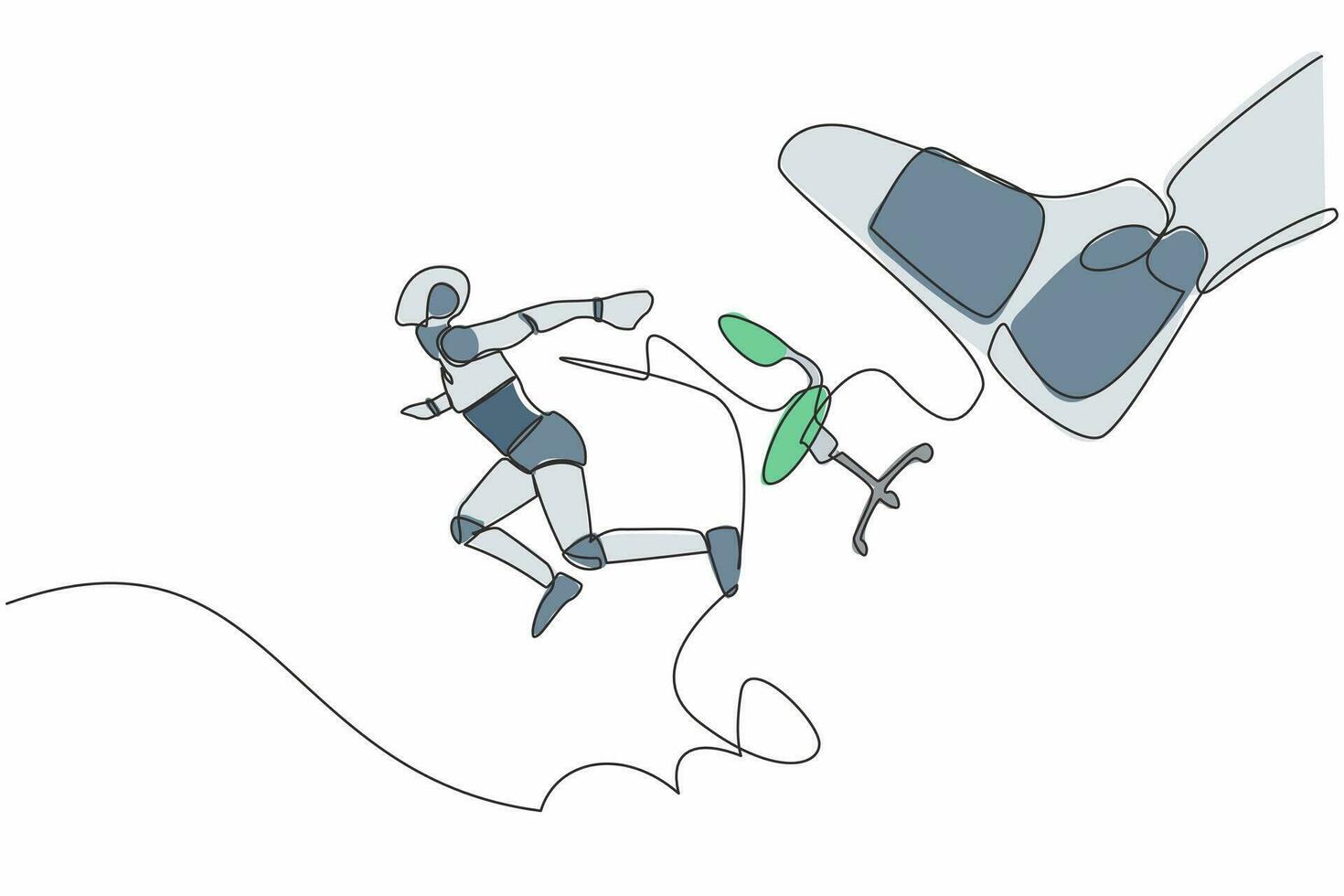 continu un ligne dessin petit robot a donné un coup de pied en dehors par gros pied. robot a donné un coup de pied une façon de chaise par géant pieds. humanoïde robotique cybernétique organisme. Célibataire ligne dessiner conception vecteur graphique illustration