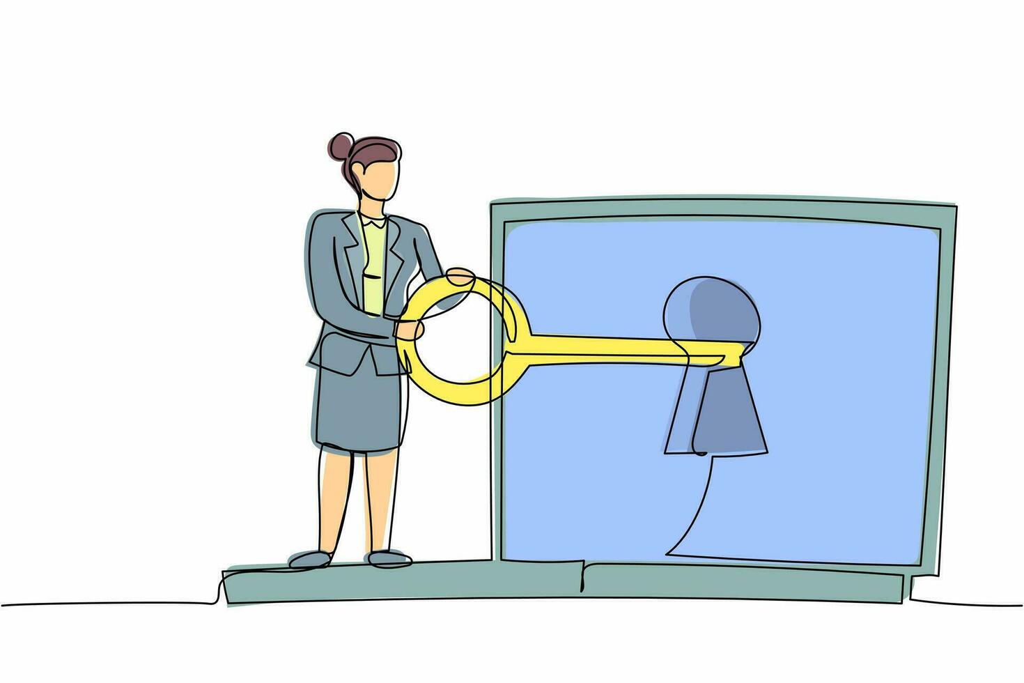 une seule femme d'affaires de dessin en ligne continue a mis la clé dans un ordinateur portable. sécurité internet, accès aux données cryptées, protection des informations personnelles. illustration vectorielle de conception graphique d'une ligne vecteur