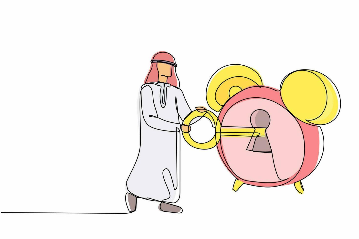 dessin en ligne continue unique homme d'affaires arabe mettant une grosse clé dans le réveil. concept de travail de date limite et projet en cours pour terminer. gestion du temps. illustration vectorielle de conception graphique d'une ligne vecteur