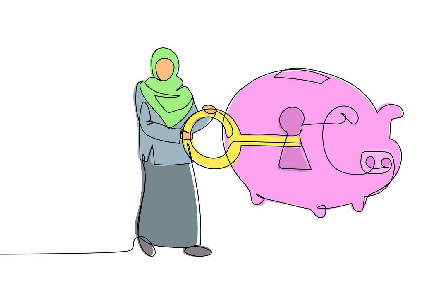 une seule ligne dessinant une femme d'affaires arabe a mis la clé dans la tirelire. protection financière personnelle. sécurité et sûreté dans le système bancaire d'épargne. illustration vectorielle graphique de conception de dessin en ligne continue vecteur