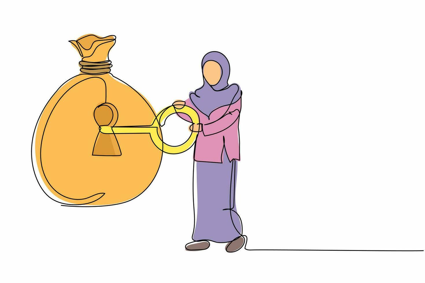 dessin au trait continu une femme d'affaires arabe a mis la clé dans le sac d'argent. débloquer la richesse de l'entreprise. refuge sûr pour le gestionnaire d'investissement pour gérer l'argent. illustration graphique vectorielle de conception de dessin à une seule ligne vecteur