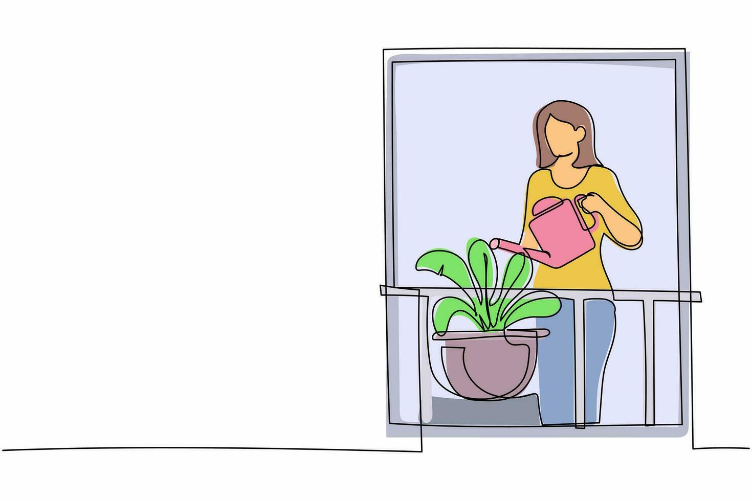 une ligne continue dessinant une femme active arrosant des fleurs sur le balcon. jeune femme faisant du jardinage passe-temps favori. jardin potager, plantes d'intérieur en croissance. illustration graphique vectorielle de conception à une seule ligne vecteur