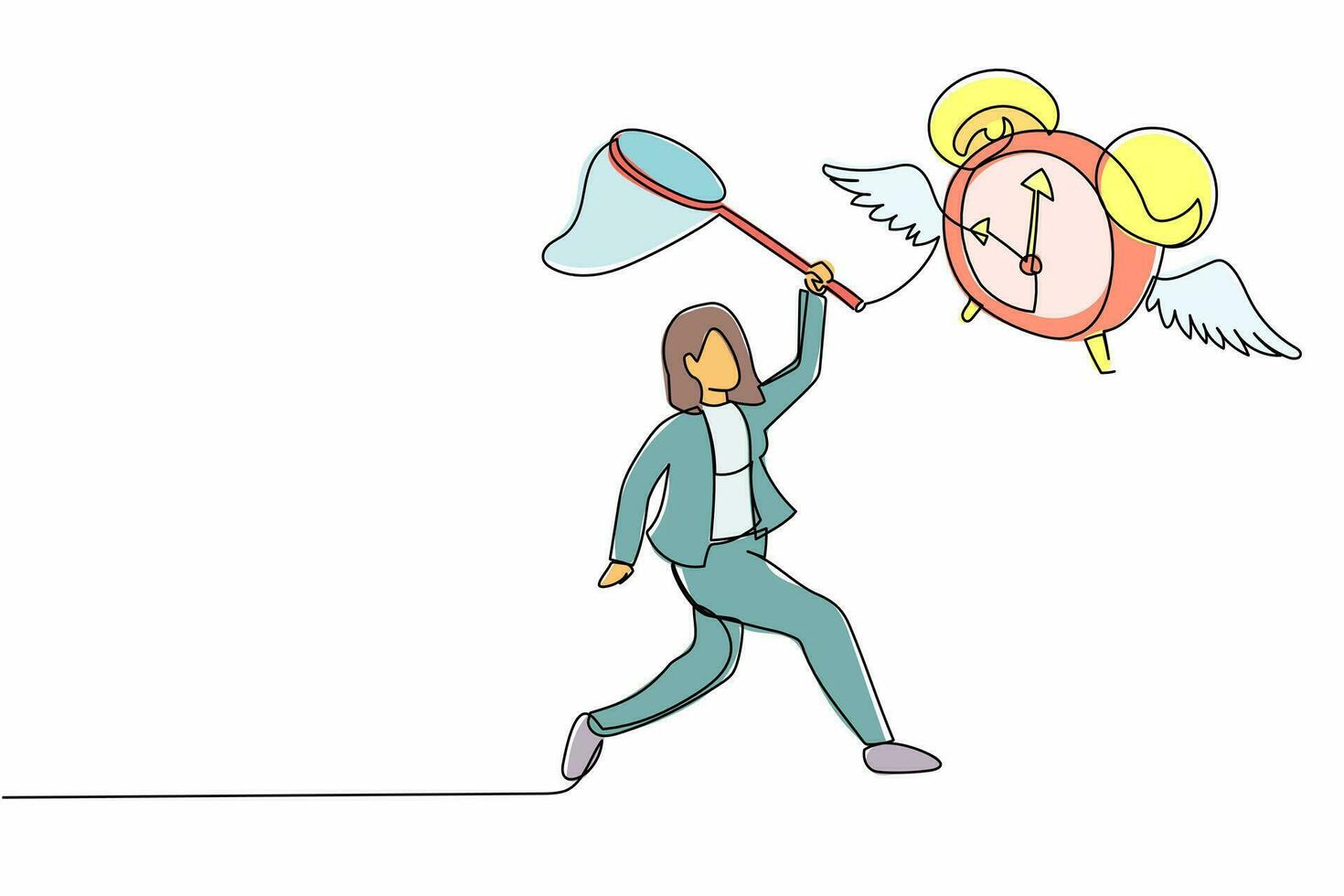 une femme d'affaires dessinant une ligne continue essaie d'attraper un réveil volant avec un filet à papillons. difficile de respecter les échéances des projets d'entreprise. illustration graphique vectorielle de conception de dessin à une seule ligne vecteur