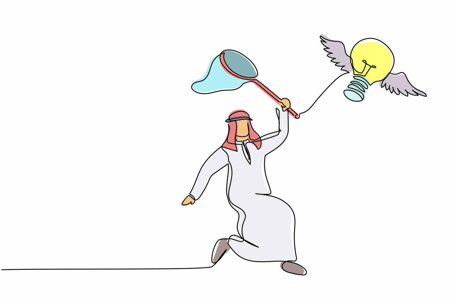 dessin continu d'une ligne un homme d'affaires arabe essaie d'attraper une ampoule volante avec un filet à papillons. perdre l'inspiration et l'idée créative. métaphore commerciale. illustration vectorielle de dessin à une seule ligne vecteur