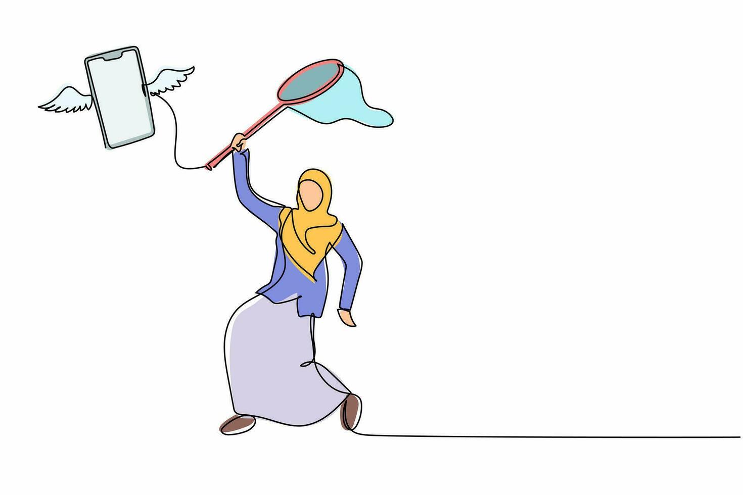 une seule ligne continue dessinant une femme d'affaires arabe essayant d'attraper un smartphone volant avec un filet à papillons. entretien d'appels téléphoniques manqués. opportunités d'emploi perdues. illustration vectorielle de conception graphique d'une ligne vecteur