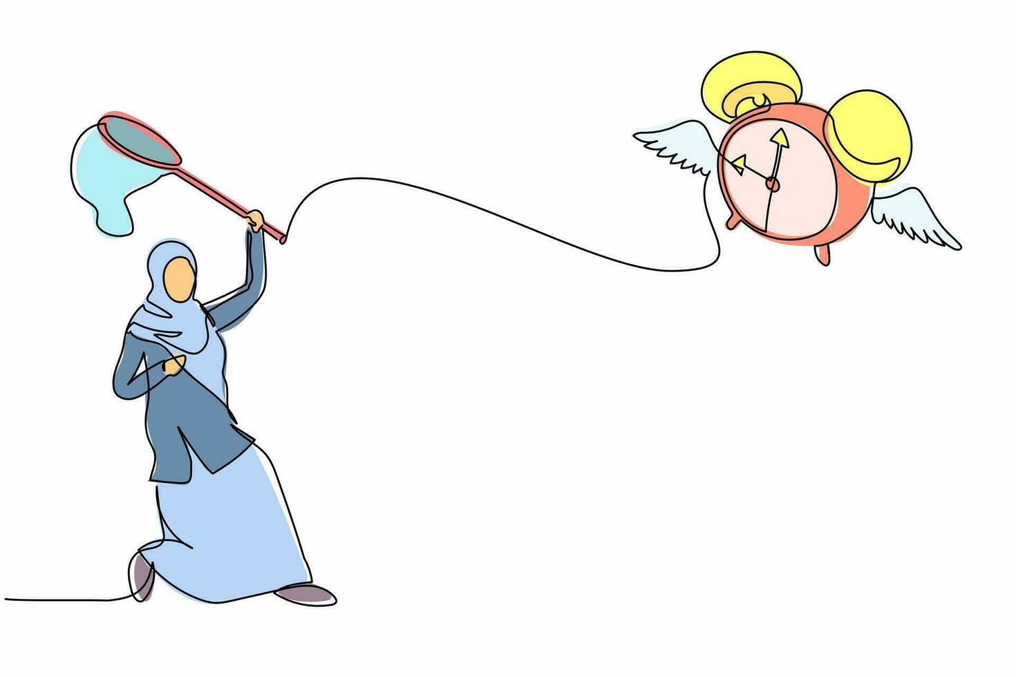 une seule ligne dessinant une femme d'affaires arabe essayant d'attraper un réveil volant avec un filet à papillons. en retard au bureau parce que vous vous réveillez tard. illustration vectorielle graphique de conception de dessin en ligne continue vecteur