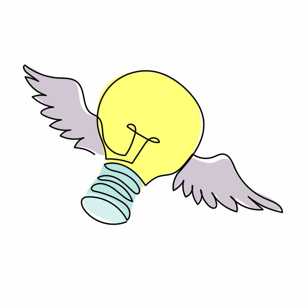 une seule ligne continue dessinant une ampoule volante avec des ailes. imagination, inspiration, icône fantastique. signe de savoir-faire. nouvelle idée d'entreprise. logo de l'invention. une ligne dessiner illustration vectorielle de conception graphique vecteur