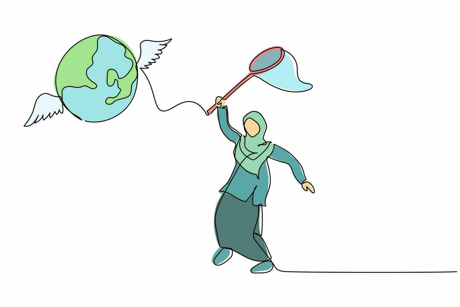 une ligne continue dessinant une femme d'affaires arabe essayant d'attraper un globe volant avec un filet à papillons. n'a pas réussi à voyager dans le monde en raison d'une pandémie. illustration graphique vectorielle de conception de dessin à une seule ligne vecteur