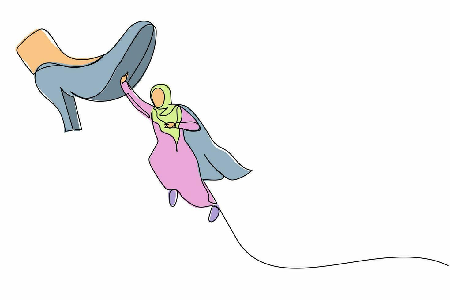 dessin continu d'une ligne courageuse femme d'affaires arabe volant avec des capes de héros contre des chaussures géantes piétinant. une femme manager vole contre un pas de pied géant. illustration graphique vectorielle de conception à une seule ligne vecteur