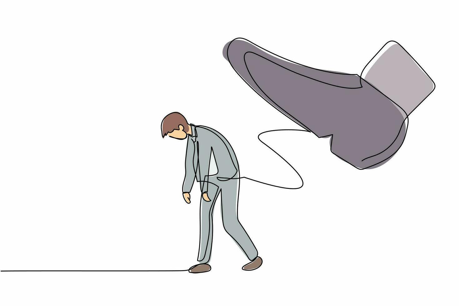 une seule ligne dessinant un jeune homme d'affaires qui s'en va avec une énorme chaussure de botte le chassant. employé de bureau licencié et expulsé du concept. métaphore minimale. illustration vectorielle de conception de ligne continue vecteur