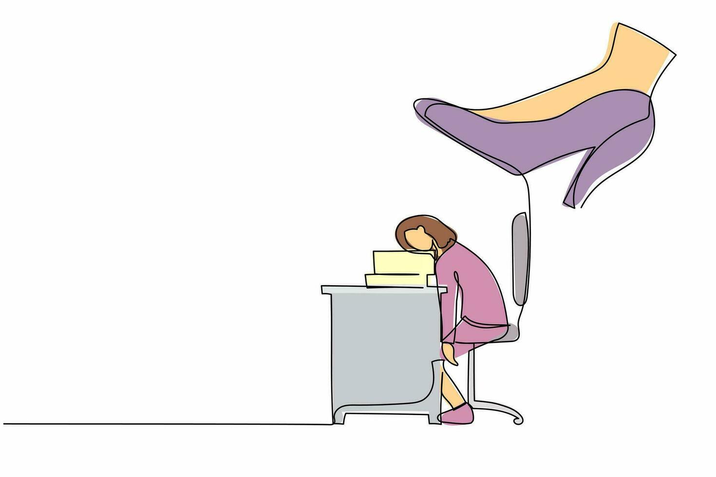 une seule ligne dessinant une jeune femme d'affaires dormant sur une pile de papiers sur le bureau sous un gros pied. employé de bureau en surmenage, stress, surcharge. ligne continue dessiner illustration vectorielle de conception vecteur