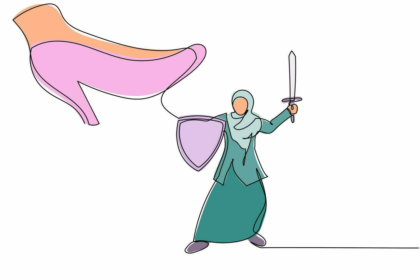 une seule ligne dessinant une femme d'affaires arabe se bat au pied géant avec bouclier et épée. employé de bureau contre le gros pied de chaussure du patron. métaphore minimale. illustration vectorielle graphique de conception de ligne continue vecteur