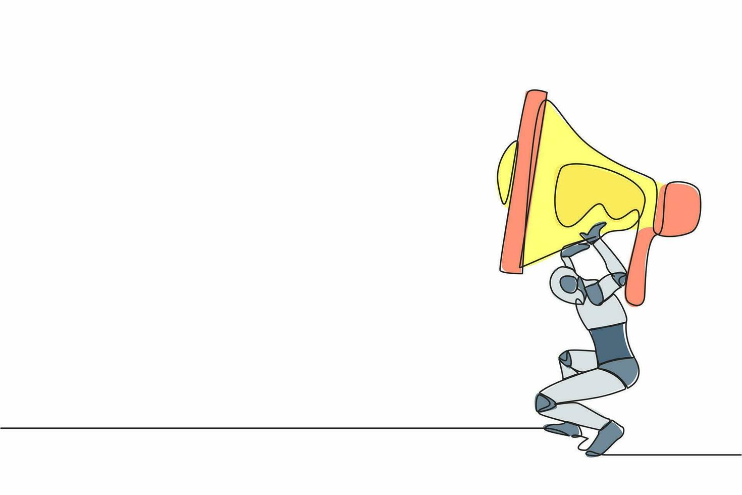 Célibataire un ligne dessin fatigué robot porter lourd mégaphone sur le sien dos. conflit et difficulté dans usine communication. humanoïde robot cybernétique organisme. continu ligne conception vecteur illustration