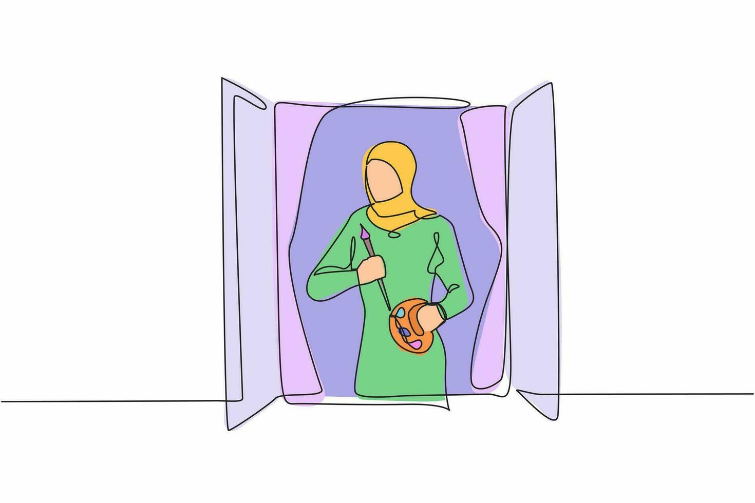 Célibataire un ligne dessin arabe femme peintre dessin près la fenêtre. femelle en portant peindre brosse et palette, esquisse sur toile. artiste La peinture à maison. continu ligne dessiner conception vecteur illustration