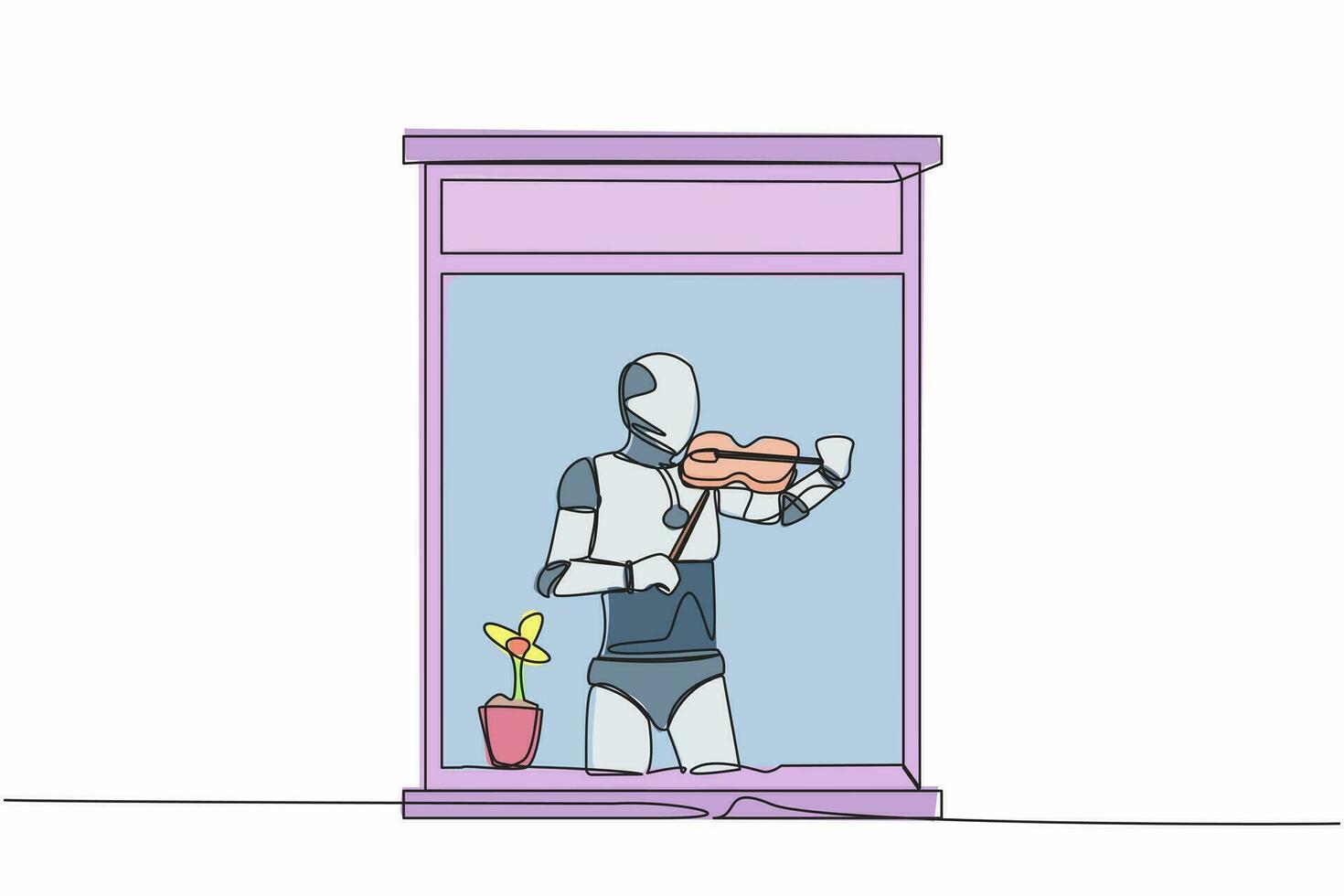 Célibataire continu ligne dessin robot musicien permanent près fenêtre et en jouant violon dans pièce à maison. futur La technologie développement. artificiel intelligence. un ligne dessiner conception vecteur illustration