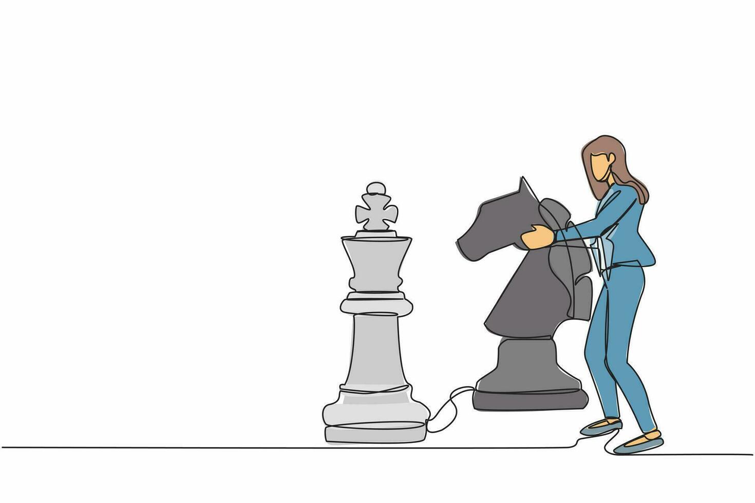 Célibataire un ligne dessin femme d'affaires en portant cheval échecs pièce à battre Roi échecs. affaires développement stratégie, gagnant concours, tactique dans jeu. continu ligne dessiner conception vecteur illustration